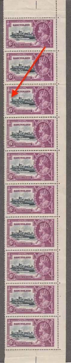 BASUTOLAND 1935 - KGV 6d SILVER JUBILEE STRIP OF 10 - R3/6 WITH 'DASH BY TURRET' - CV R13,800