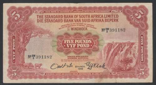 SWA £5 BANKNOTE - 20 NOVEMBER 1958 - FINE to VERY FINE - EXTREMELY RARE!! - MARKET VALUE R15,000