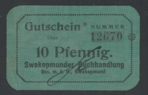 GERMAN SOUTH WEST AFRICA 1916/18 - 10 PFENNIG - EXTREMELY RARE SWAKOPMUNDER BANKNOTE