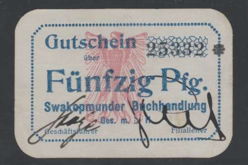 GERMAN SOUTH WEST AFRICA 1916/18 - 50 PFENNIG - EXTREMELY RARE SWAKOPMUNDER BANKNOTE