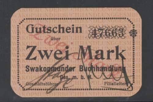 GERMAN SOUTH WEST AFRICA 1916/18 - 2 MARK - EXTREMELY RARE SWAKOPMUNDER BANKNOTE