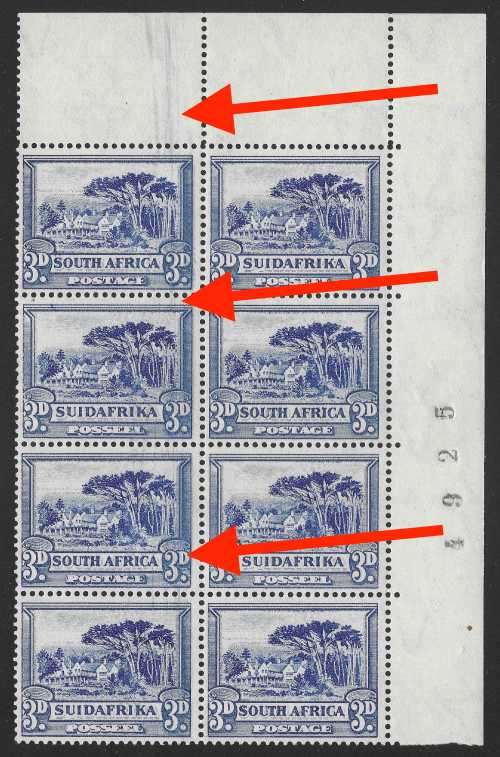 UNION OF SA 1933 - *VARIETY* 3d BLUE CORNER BLOCK OF 8 - LINES THROUGH ALL LEFT STAMPS - CAT R2,500+