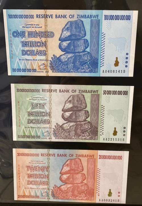 Zimbabwe 2008 - 3 x Top value inflation notes - Perfect UNC condition
