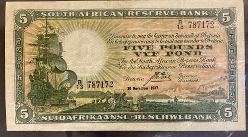 South Africa 1937 - £5 Banknote Type 5 - VF to EF condition - Rare item