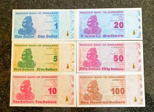 Zimbabwe 2009 - Rare set of 6 notes - $1 to $100 - AA - UNC