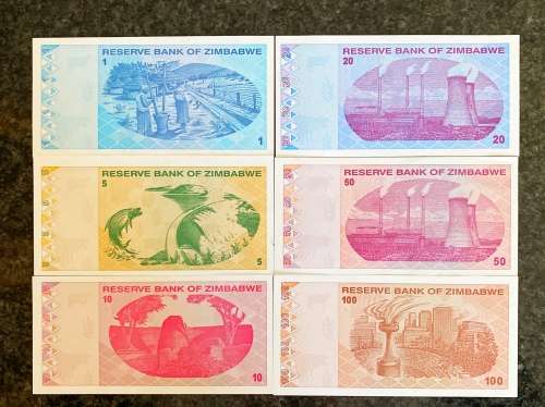 Zimbabwe 2009 - Rare set of 6 notes - $1 to $100 - AA - UNC