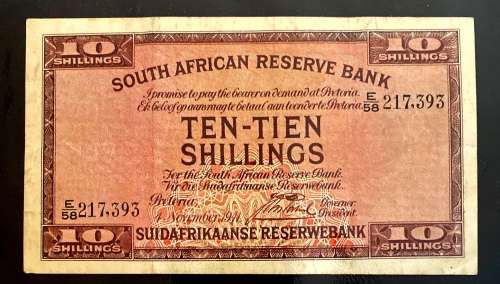 1941 South African 10 Shilling Banknote - E58 4 November- Fine to VF