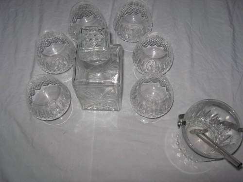 BRANDY OR COGNAC DECANTER, ICE BUCKET AND SIX GLASSES