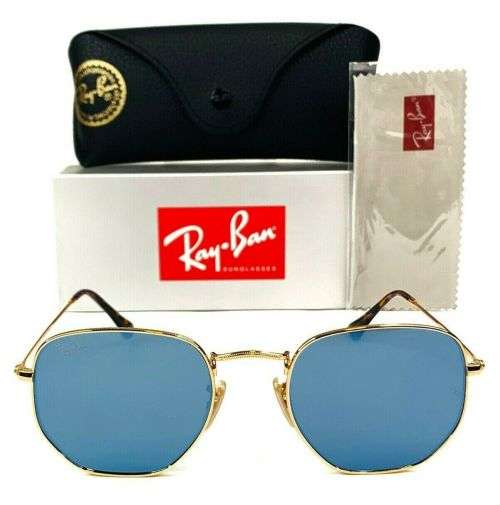 Brand New Ray-Ban Hexagonal RB3548N Flat Lenses 001/9O Gold Frame Blue Flash Lenses