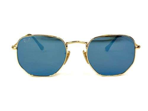 Brand New Ray-Ban Hexagonal RB3548N Flat Lenses 001/9O Gold Frame Blue Flash Lenses