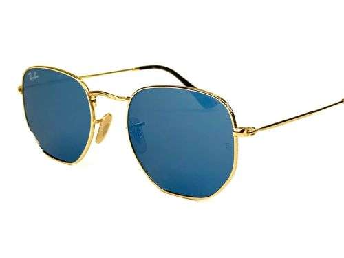 Brand New Ray-Ban Hexagonal RB3548N Flat Lenses 001/9O Gold Frame Blue Flash Lenses