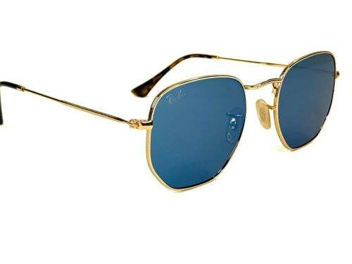Brand New Ray-Ban Hexagonal RB3548N Flat Lenses 001/9O Gold Frame Blue Flash Lenses