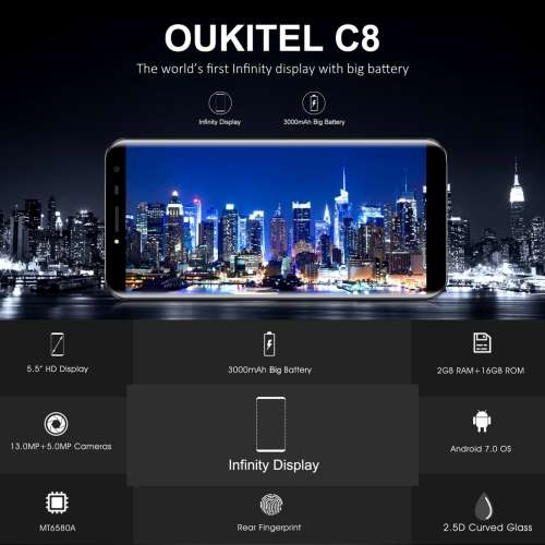 OUKITEL C8, 2GB+16GB Fingerprint Identification, 5.5 inch Android 7.0 MTK6850A Quad Core