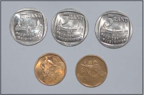 SET OF 3 R5 PRESIDENTIAL INAUGURATION COINS 1994, SOCCER AND CRICKET 50c COIN