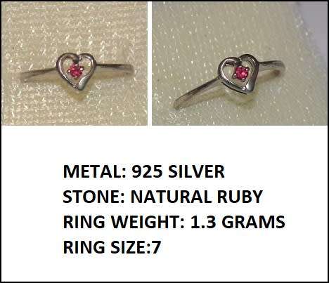 STUNNING! 925 SILVER HEART RING WITH A 100% NATURAL RUBY STONE