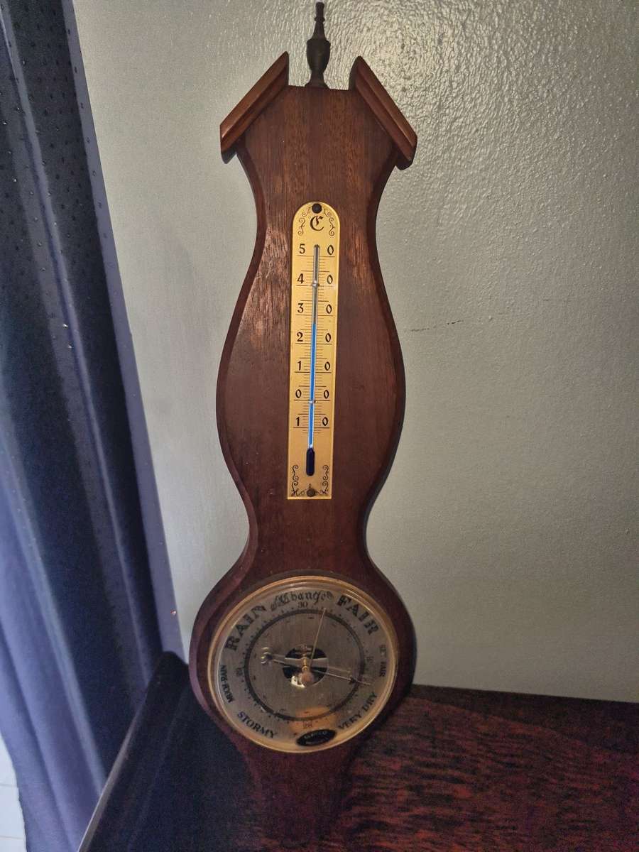 Vintage Barometer & Thermometer on wooden base