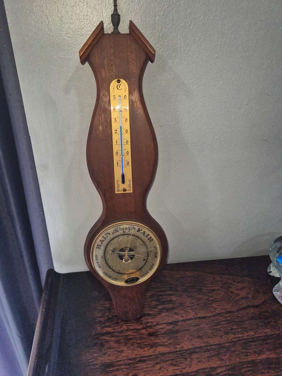 Vintage Barometer & Thermometer on wooden base