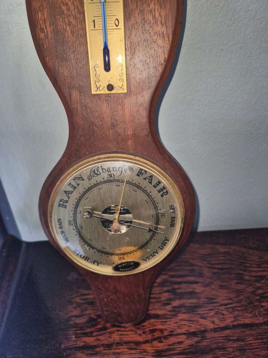 Vintage Barometer & Thermometer on wooden base