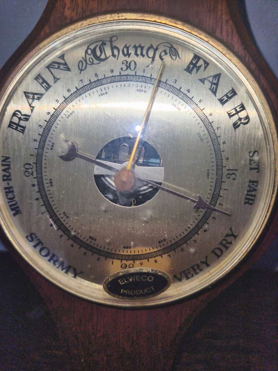 Vintage Barometer & Thermometer on wooden base