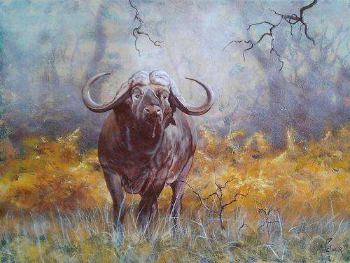 Original painting by Mario Pelser (1970-). Painting size: 80 x 60cm - unframed. Title: Buffalo