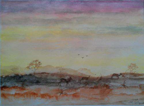 INVESTMENT ARTWORK - Original Mario Pelser (1976-) "Springbuck at sunset" 296mm x 400mm