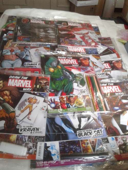 8X ALL DIFFERENT ISSUES OF DRAW THE MARVEL WAY,(EACH ISSUE COMES WITH MAGAZINE AND DRAWING EQUIPME