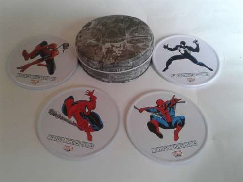 4 X MARVELS MIGHTIEST HEROES METAL COASTERS IN METAL CONTAINER