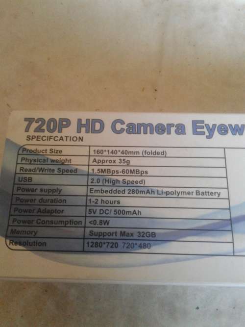 720 P HD CAMERA SPY GLASSES,5 MEGAPIXELS-4GB MEMORY