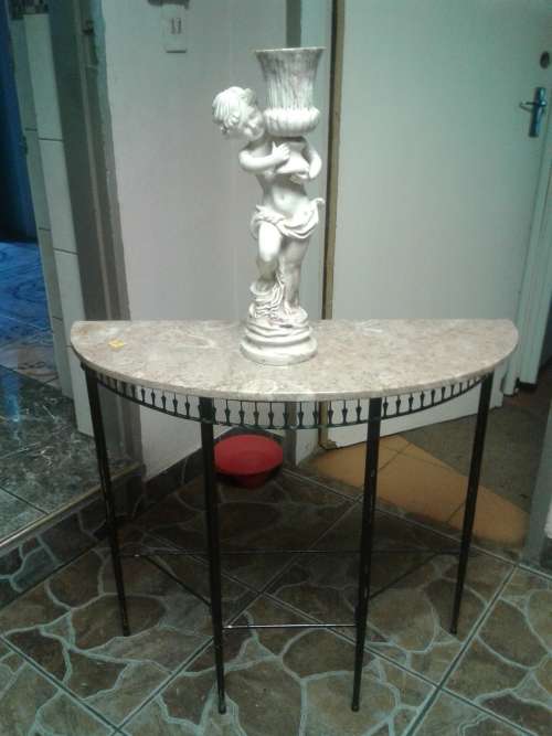 VINTAGE MARBLE TOP HALF MOON TABLE WITH MATCHING ANGEL