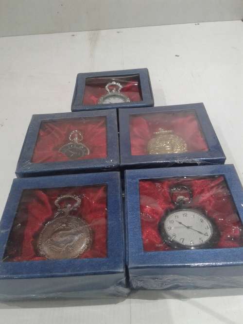 5 X STUNNING CLASSIC METAL QUARTZ POCKETWATCHES  (TO CHOOSE OR TAKE ALL )