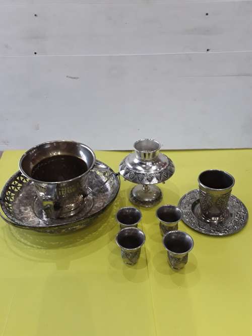 9 PIECE SILVERPLATED JEWISH KIDDUSH SET,INCL.WASH CUP(GRAPE PATTERN)KARSHI