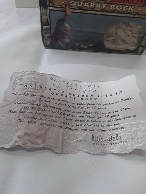 ROBBEN ISLAND QUARRY ROCK WITH CERTIFICATE OF ORIGIN SIGNED MANDELA