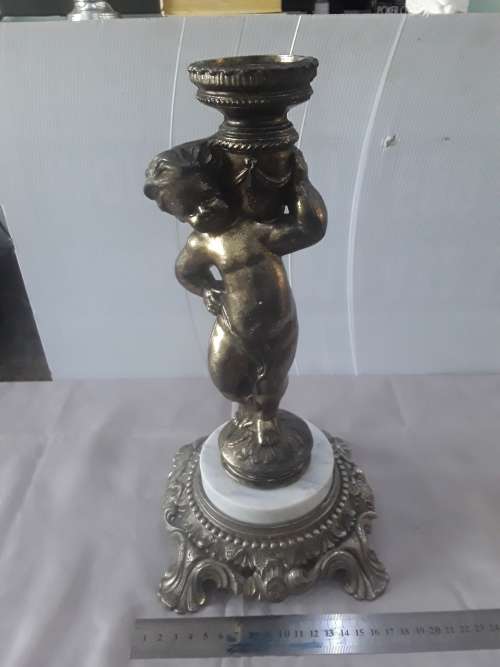 SOLID BRASS VINTAGE ANGEL CANDLEHOLDER (MARBLE ON BRASS STAND)35CM HEIGHT-HAS MARKINGS