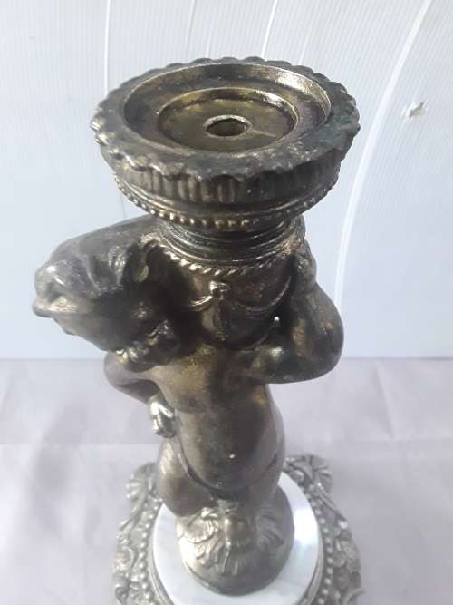 SOLID BRASS VINTAGE ANGEL CANDLEHOLDER (MARBLE ON BRASS STAND)35CM HEIGHT-HAS MARKINGS