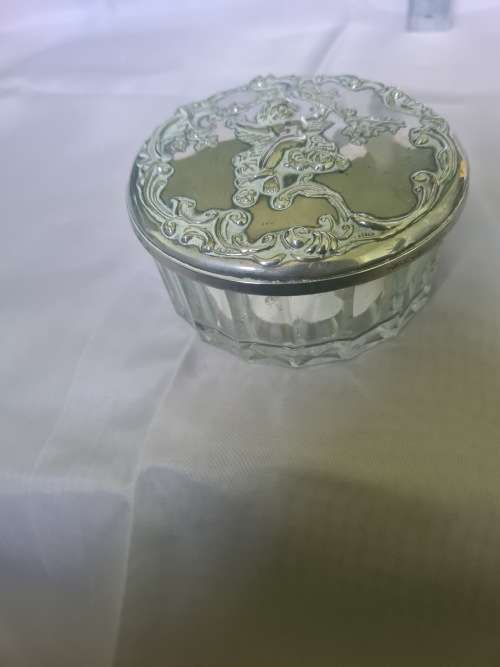 VINTAGE GLASS POWDER JAR WITH ORNATE FLORAL CHERUB/ANGEL MIRROR LID
