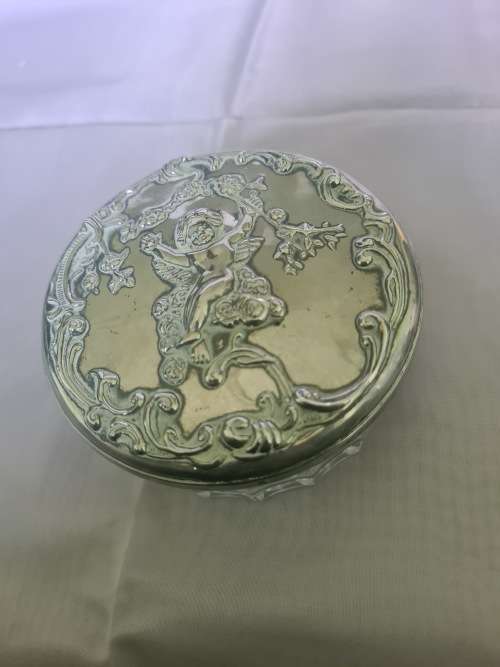 VINTAGE GLASS POWDER JAR WITH ORNATE FLORAL CHERUB/ANGEL MIRROR LID