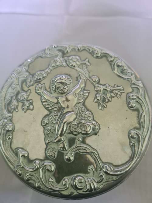 VINTAGE GLASS POWDER JAR WITH ORNATE FLORAL CHERUB/ANGEL MIRROR LID