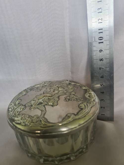 VINTAGE GLASS POWDER JAR WITH ORNATE FLORAL CHERUB/ANGEL MIRROR LID