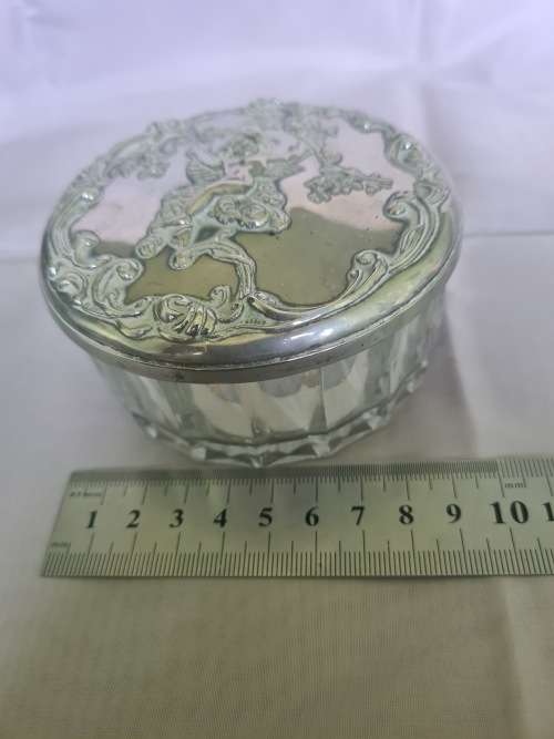 VINTAGE GLASS POWDER JAR WITH ORNATE FLORAL CHERUB/ANGEL MIRROR LID