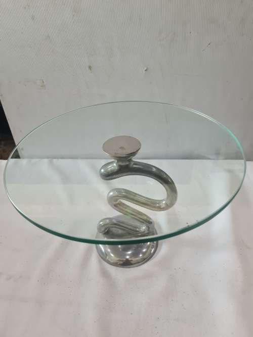 PEWTER BASE CAROL BOYES STYLE ROUND GLASS SIDE TABLE(20CM HEIGHT, 30CM DIAMETER)READ DESCRIPTION