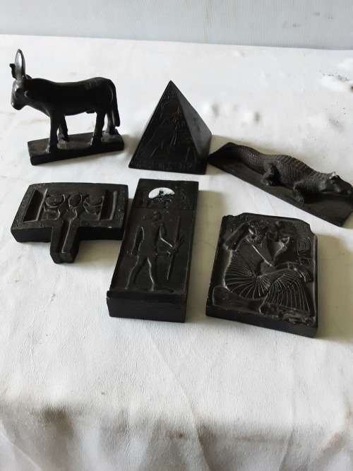 SET OF SIX ANCIENT EGYPT FIGURES AND CARVINGS
