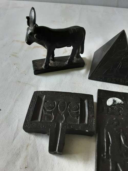SET OF SIX ANCIENT EGYPT FIGURES AND CARVINGS