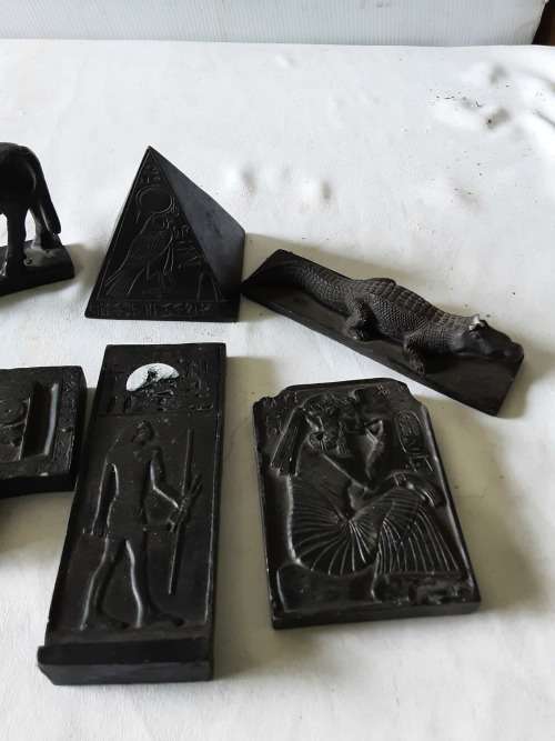 SET OF SIX ANCIENT EGYPT FIGURES AND CARVINGS