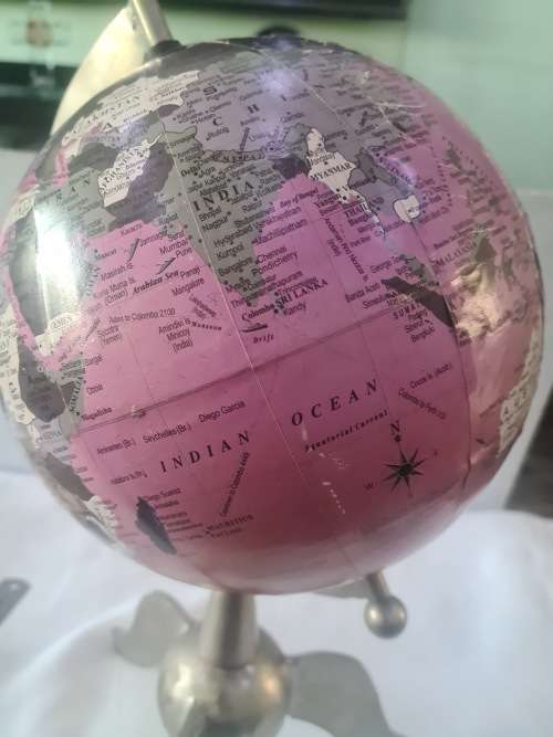 VINTAGE METAL WORLD GLOBE ON PEWTER STAND(45CM HEIGHT, 65CM DIAMETER)