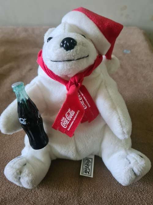 VINTAGE COCA COLA PLUSH TOY HOLDING COKE BOTTLE(15CM HEIGHT SEATED)