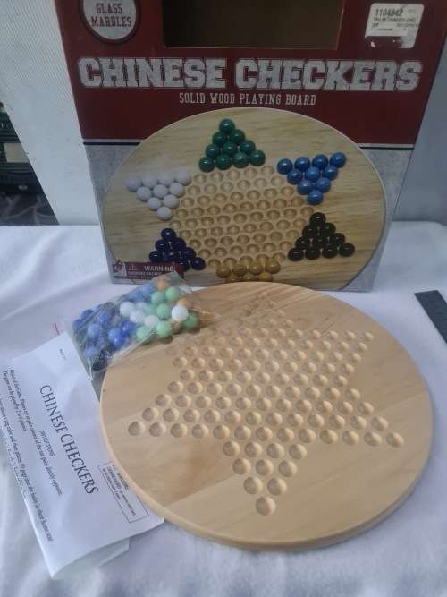 CHINESE CHECKERS WITH SOLID WOOD PLAYING BOARD AND GLASS MARBLES
