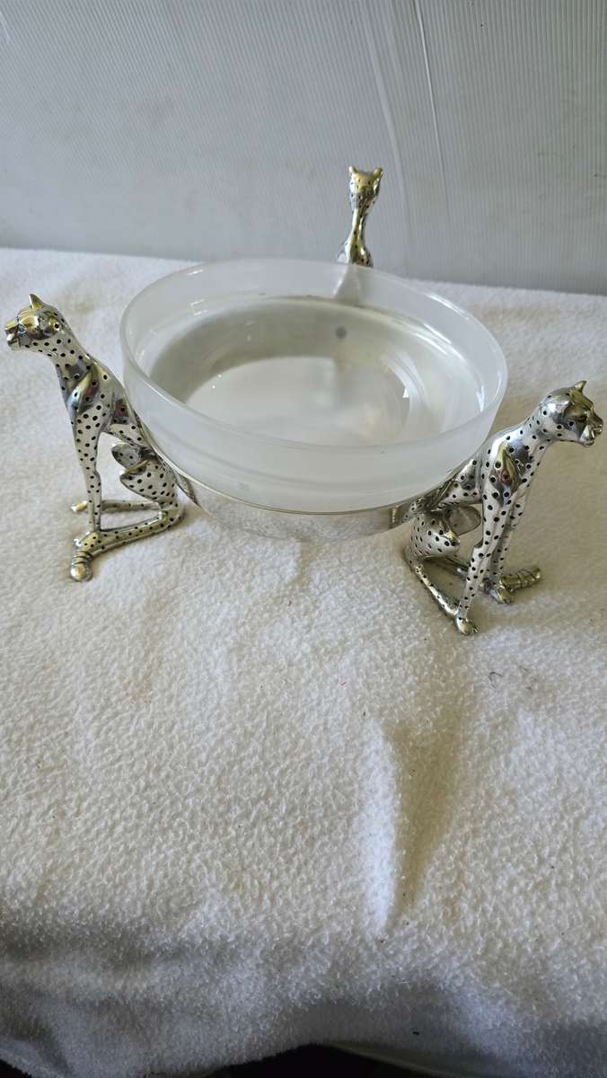 DIANA CARMICHAEL SOPHISTICATED PEWTER 3 CHEETAHS COUGAR STAND BOWL-SEE MARKINGS