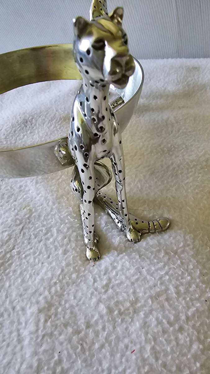 DIANA CARMICHAEL SOPHISTICATED PEWTER 3 CHEETAHS COUGAR STAND BOWL-SEE MARKINGS