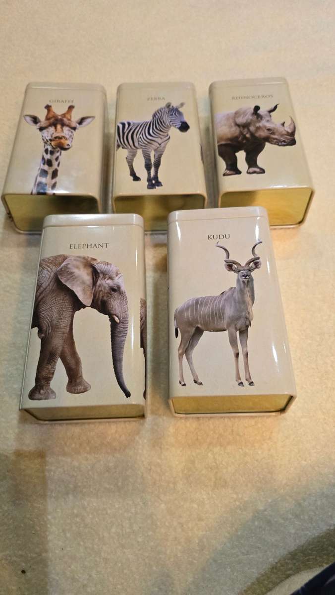 SET OF FIVE AFRICA RESERVE COLLECTIVE ANIMAL PRINT TINS