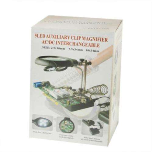 5 LED Auxiliary Clip Magnifier AC/DC Interchangeable with Soldering Stand & Two Magnifier